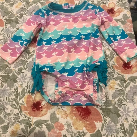SZ 6-12 Months RuffleButts Long Sleeve One Piece Rash Guard Swimsuit Mermaid - Picture 1 of 8